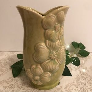 Vintage Brush McCoy Pottery Embossed Green Floral Design Vase Signed 667 8 USA
